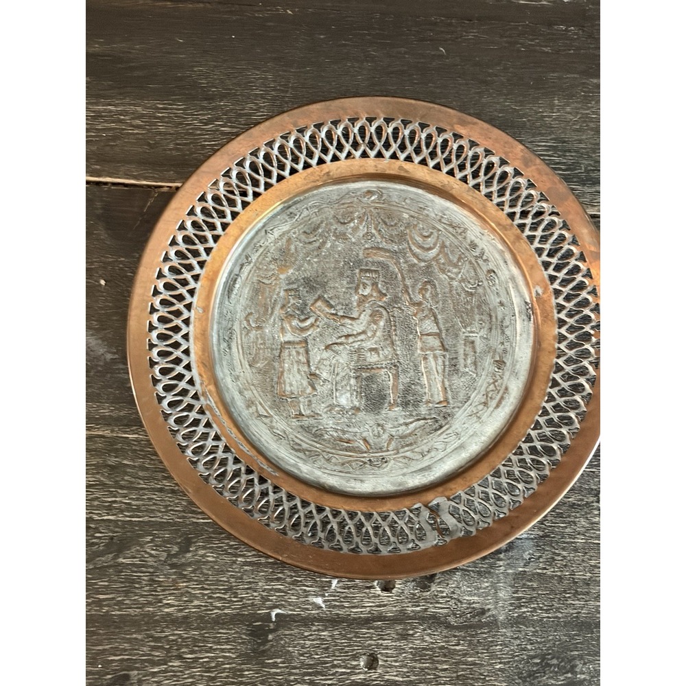 Vintage Persian Qajar Hand Hammered Tinned Copper Wall Plate Engraved Figural